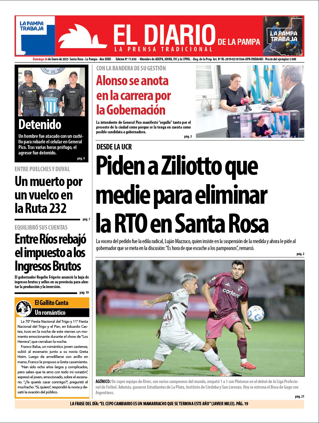 Tapa de El Diario en papel  domingo 26 de enero de 2025